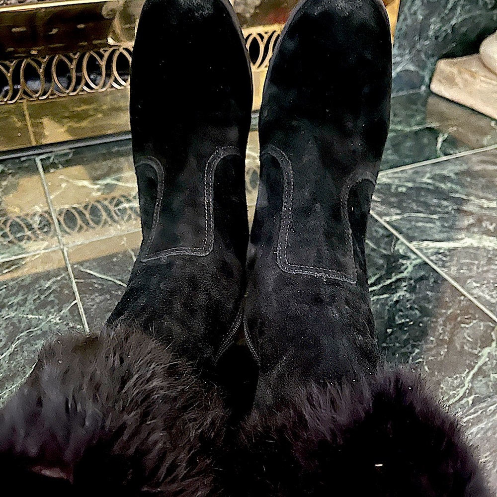 Franco Sarto black high heel fur trimmed Swede genuine leather boots size 7.5